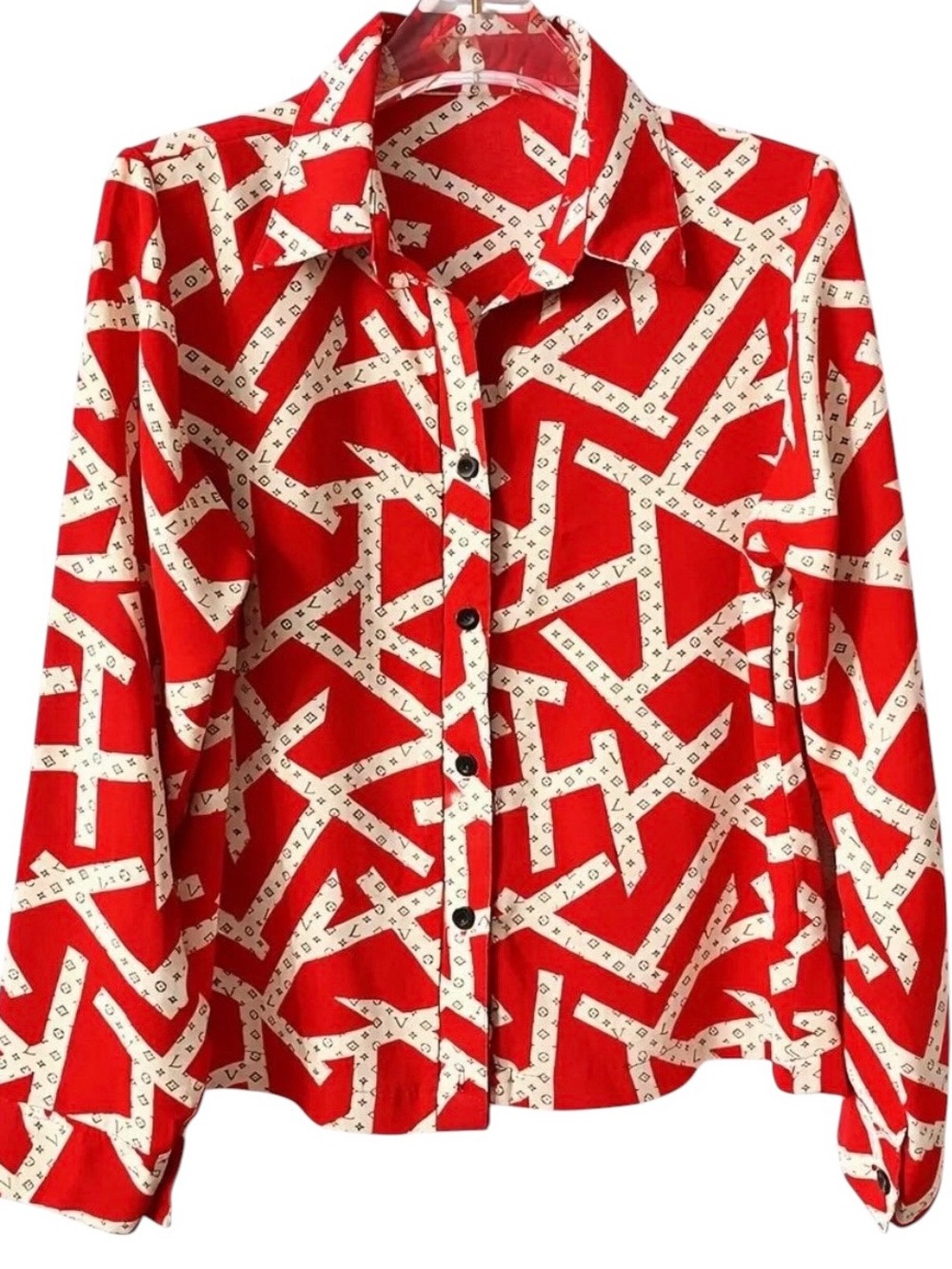 Abstract Monogram Print Blouse Red Button Up Shirt